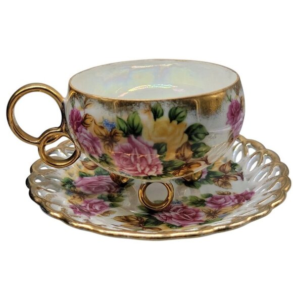 Royal Sealy Footed & Ring Teacup w/ Lacy Saucer Opalescent Hand Painted Roses - Picture 1 of 16